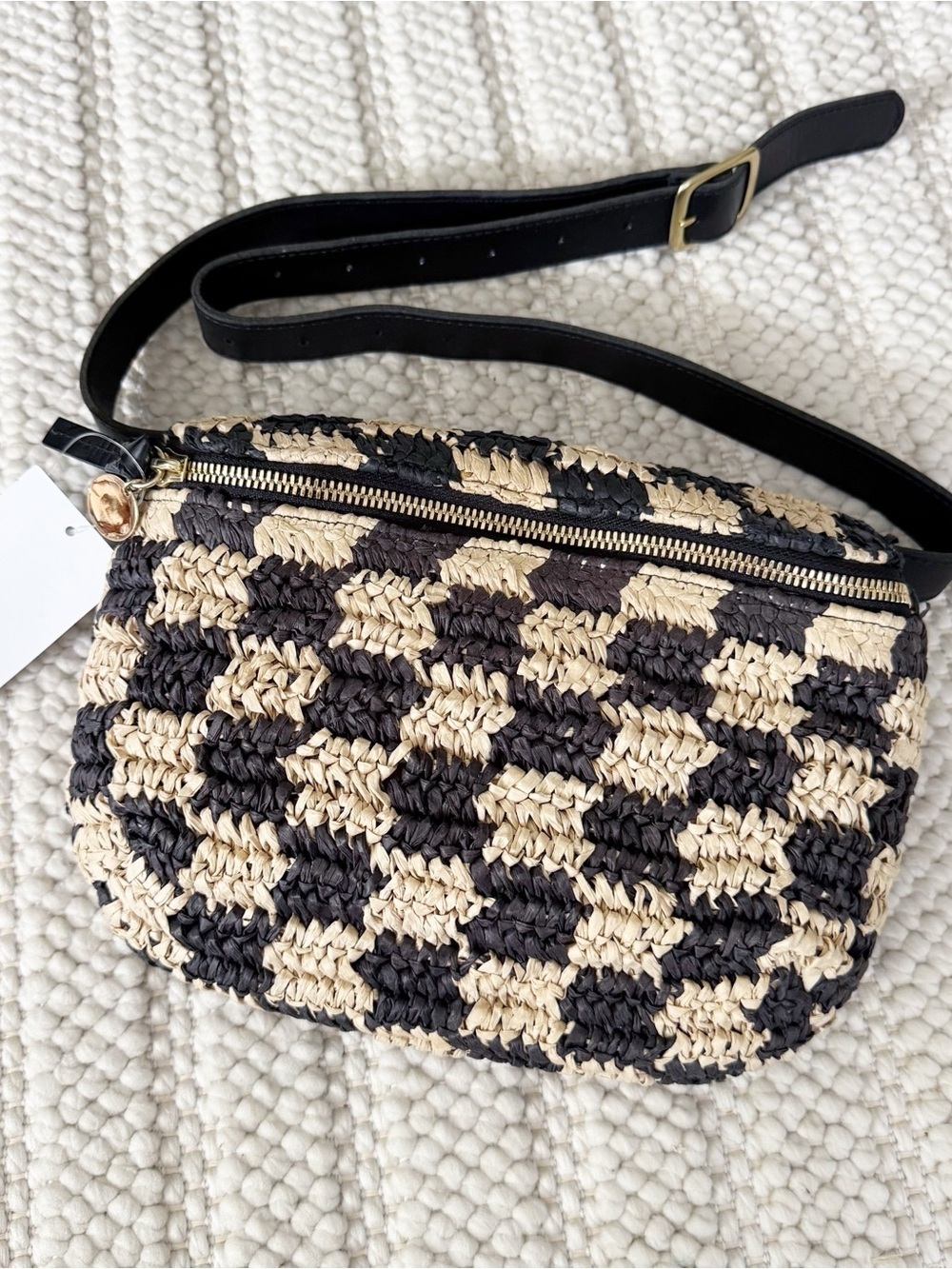 Clare V Checkerboard Woven Belt Bag NWT Black Natural Checker Raffia - Picture 4 of 9